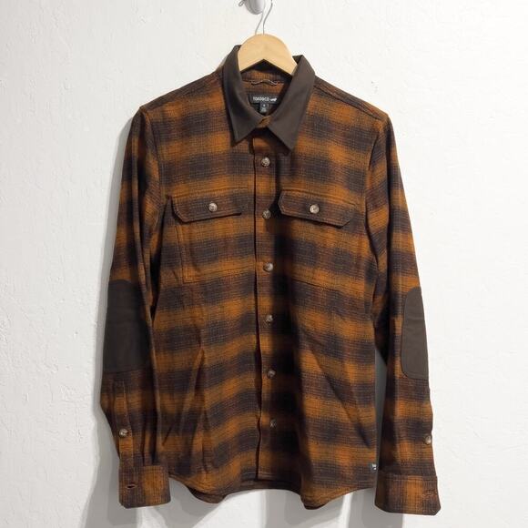 TOAD&CO Shirt Mens Small Button Down Wool Brown Plaid Elbow Patch Shacket - Picture 1 of 6